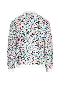 Giacca bomber colorata con un motivo a macchie nei toni del rosa, nero e blu, con colletto bianco e polsini elasticizzati all'orlo.