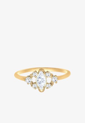 Guldring med en central marquise-slebet ædelsten omgivet af runde krystaller i et intrikat design. Glat ring med poleret finish.