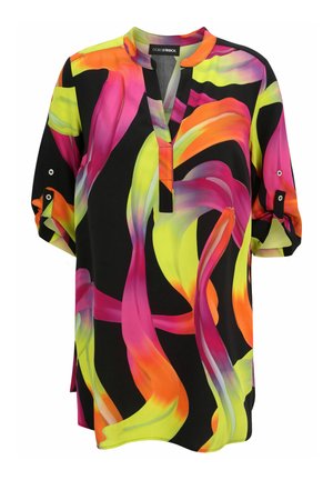 Bunt gemusterte Bluse mit rosa, orange und grünen abstrakten Wirbeln auf schwarzem Hintergrund. Mit Stehkragen und aufgerollten Ärmeln.