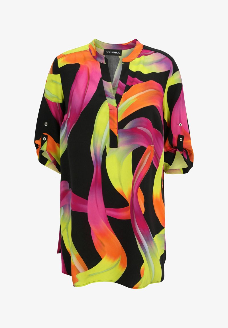 Bunt gemusterte Bluse mit rosa, orange und grünen abstrakten Wirbeln auf schwarzem Hintergrund. Mit Stehkragen und aufgerollten Ärmeln.