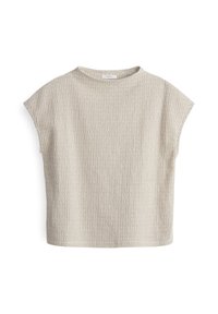 Beige textured top with a round neckline and short sleeves. Features a subtle pattern, lightweight fabric, and relaxed cut.