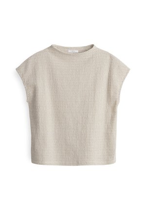 Beige textured top with a round neckline and short sleeves. Features a subtle pattern, lightweight fabric, and relaxed cut.