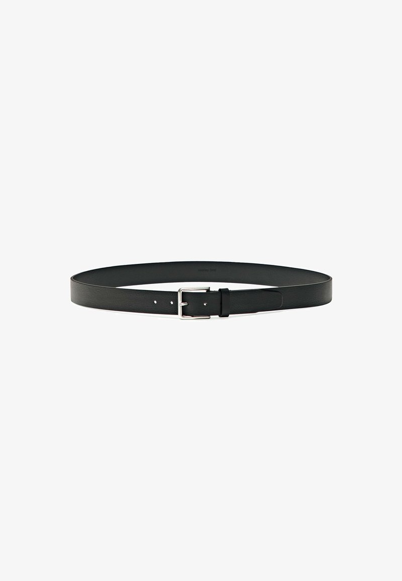Black leather belt with a smooth texture, featuring a silver metal buckle and multiple adjustment holes for sizing.
