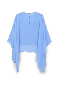 Top in tessuto leggero di colore azzurro chiaro, in stile kimono, con ampie maniche fluide. Presenta uno strappo sul retro e una chiusura a fessura nel collo.
