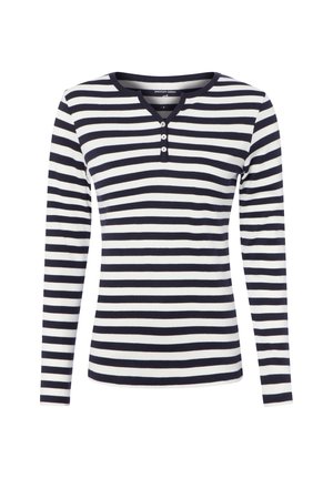 Long-sleeve cotton shirt with navy and white horizontal stripes and a navy trim neckline with three small white buttons.
