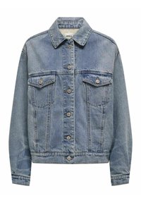 Giubbotto di jeans in blu chiaro con collo classico, due tasche sul petto, bottoni argentati e una vestibilità rilassata. Tessuto testurizzato con una finitura scolorita.