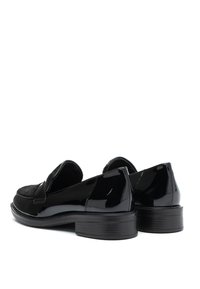 Black patent leather loafers with a textured black fabric accent. Low block heel, rounded toe, and slip-on design.