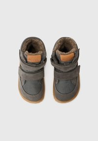 Gray high-top boots with a textured mesh upper, suede accents, padded fur lining, and adjustable Velcro straps. Rubber soles for grip.