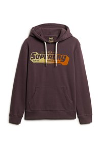 Fioletowy bawełniany hoodie z przednią kieszenią kangurką, kapturem na sznurku oraz retro logo z wielokolorowym tekstem i dodatkami.