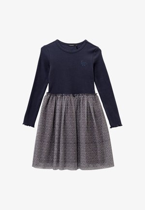 Abito a maniche lunghe a coste blu maritime con gonna in tulle a stampa leopardata arricciata. Presenta un colletto rotondo e un orlo scallop sulle maniche.