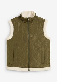 Gilet trapuntato verde oliva con colletto alto, fodera in finta pelliccia color crema, zip frontale e due tasche laterali.