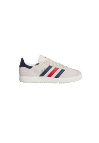Light gray suede sneaker with navy and red stripes, white rubber sole, and gold "Gazelle" logo on the side. Classic athletic design.
