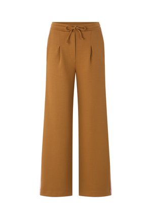 Pantaloni marroni a gamba larga con vita regolabile con coulisse e pieghe sottili sul davanti, mostrati su uno sfondo bianco.