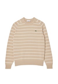 Maglione beige a righe realizzato in materiale a maglia con polsini e orlo a coste. Presenta un piccolo logo verde sul petto.