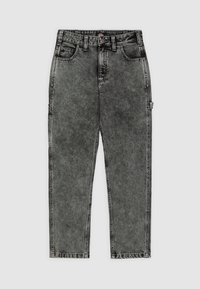 Jeans de denim gris con un corte recto, cinco bolsillos y passacintos. Presenta un tejido descolorido y detalles de costura a lo largo de las costuras.