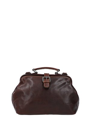 Borsa da medico in pelle marrone scuro con manico superiore e chiusura a fibbia metallica su sfondo bianco.