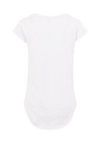 White short-sleeve t-shirt with a rounded neckline, featuring a slightly longer back hem and a smooth cotton texture. No patterns or hardware.