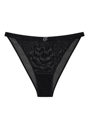 Czarny stringi z koronkowym wzorem, uszyte z przezroczystej siateczki, z subtelnym błyskiem na tkaninie i solidnym czarnym pasem.