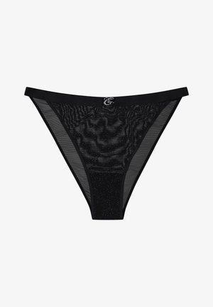 Czarny stringi z koronkowym wzorem, uszyte z przezroczystej siateczki, z subtelnym błyskiem na tkaninie i solidnym czarnym pasem.