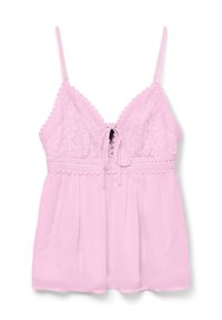 Light pink camisole with lace detailing, adjustable straps, a tie-front closure, and a gathered design for a loose fit.