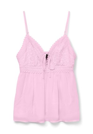 Lyserosa camisole med blonde detaljer, justerbare stropper, knytfrontlukking og en samlet design for en løs passform.