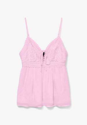Lyserosa camisole med blonde detaljer, justerbare stropper, knytfrontlukking og en samlet design for en løs passform.