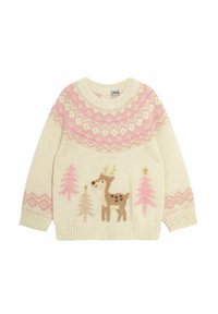 Cream-colored sweater with a pink patterned yoke, featuring an embroidered deer and Christmas trees in pink and brown tones. Knit texture.