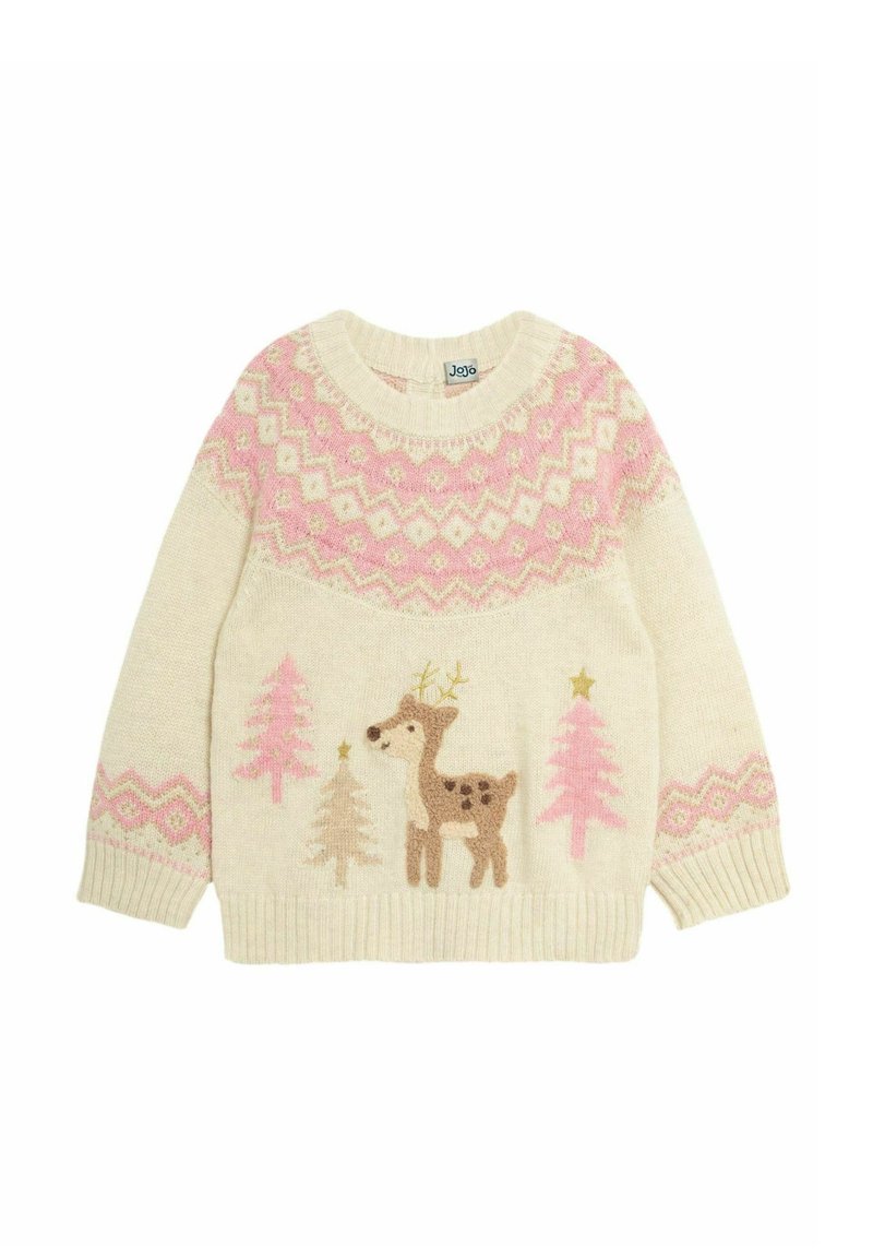 Cream-colored sweater with a pink patterned yoke, featuring an embroidered deer and Christmas trees in pink and brown tones. Knit texture.