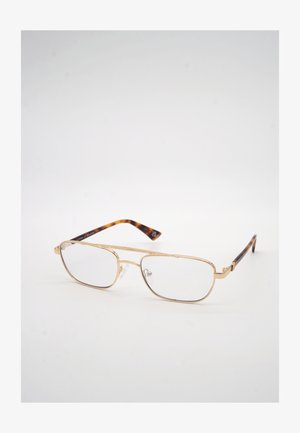 Zlatna pravokotna okvirja za očala s prozornimi stekli in konicami krakov z vzorcem želvje luske na belem ozadju.