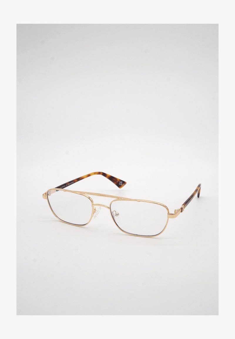 Ορθογώνια χρυσά πλαίσια γυαλιών με διαυγή φακούς και άκρα κροταλλοειδούς μοτίβου σε λευκό φόντο.