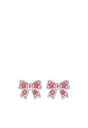 Paar rosa schleifenförmige Ohrringe mit kleinen rosa Edelsteinen und weißen Punkten, silberner Umrandung, auf weißem Hintergrund dargestellt.