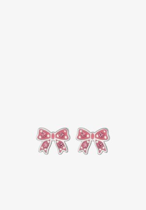 Paar rosa schleifenförmige Ohrringe mit kleinen rosa Edelsteinen und weißen Punkten, silberner Umrandung, auf weißem Hintergrund dargestellt.
