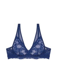 Granatowy koronkowy stanik z przezroczystymi panelami, trójkątnymi miseczkami i regulowanymi ramiączkami. Posiada kwiatowe zdobienia koronkowe wzdłuż brzegów.