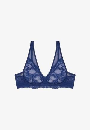 Soutien-gorge en dentelle bleu marine avec des panneaux en tulle transparent, des bonnets triangulaires et des bretelles réglables. Présente des détails en dentelle florale le long des bords.