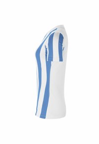 Maglia a maniche corte con strisce verticali blu e bianche, realizzata in materiale traspirante, con scollatura rotonda e design aderente.