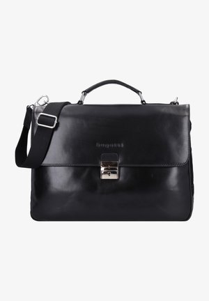 Maletín de piel negra con un diseño elegante, herrajes plateados, cierre con candado y una correa desmontable para opciones de transporte versátiles.