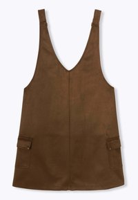 Tunique sans manches marron avec un décolleté en V profond, dotée de deux poches avant et d'un tissu lisse et texturé. Design simple avec un minimum de détails.