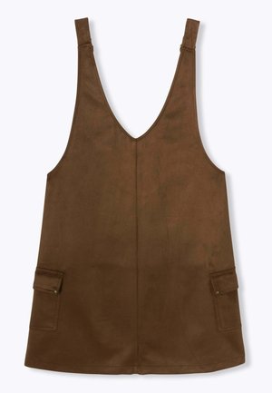 Tunique sans manches marron avec un décolleté en V profond, dotée de deux poches avant et d'un tissu lisse et texturé. Design simple avec un minimum de détails.