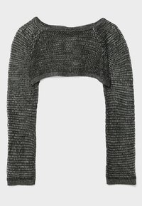 Shrug noir en maille tricotée, manches longues, court, avec un large décolleté et un motif texturé à mailles ouvertes.