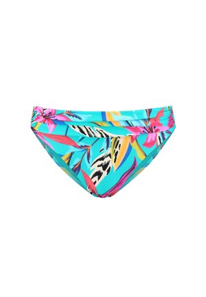 Bikini bottom in turquoise fabric featuring a vibrant tropical floral pattern with pink, orange, and black accents. Smooth texture and fitted design.
