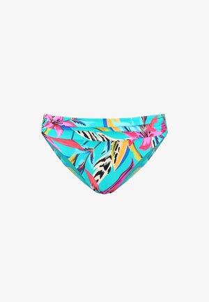 Bikini dal fondo turchese in tessuto con un vivace motivo floreale tropicale con accenti rosa, arancione e nero. Texture liscia e design aderente.