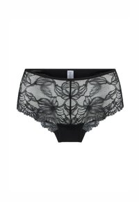 Zwarte kant hipsteronderbroek met florale patronen, een effen zwarte tailleband en gegolfde randen voor extra textuur.