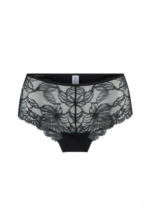 Zwarte kant hipsteronderbroek met florale patronen, een effen zwarte tailleband en gegolfde randen voor extra textuur.