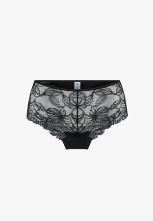 Zwarte kant hipsteronderbroek met florale patronen, een effen zwarte tailleband en gegolfde randen voor extra textuur.