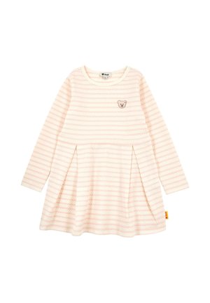 Long-sleeve pink and white striped toddler dress with a bear face patch on the chest and pleats on the skirt.