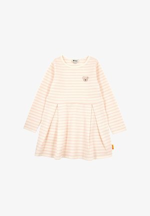 Long-sleeve pink and white striped toddler dress with a bear face patch on the chest and pleats on the skirt.