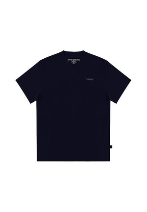 Granatowy t-shirt z krótkim rękawem z małym białym logo „Paco Lorente” na piersi i okrągłym dekoltem.