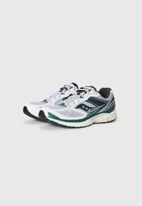 Running shoes with a mesh upper in white and grey, featuring teal and black accents, a cushioned sole, and rounded toe design.