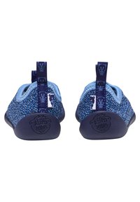 Blue fabric shoes with speckled design, soft rubber soles, and pull tabs. Features bear logo on heel and playful animal graphics on tabs.
