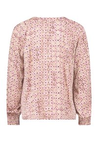 Blusa a maniche lunghe in tessuto morbido. Presenta un motivo circolare in rosa, beige e marrone. Polsini arricciati e dettagli di piega sul retro.